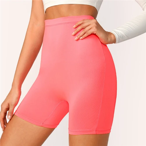 Розовый SHEIN Solid Cycling High Waist Leggings Women Athleisure Crop Fitness Leggings Summer Ladies Casual Workout Leggings - Цвет: Розовый