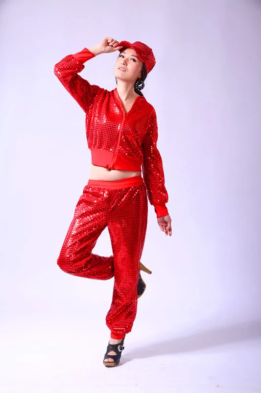 Women Stage Performance Tops Sequined Sexy Girl Hip Hop clothing Female Costumes Loose jazz Dance clothing+pants plus size |