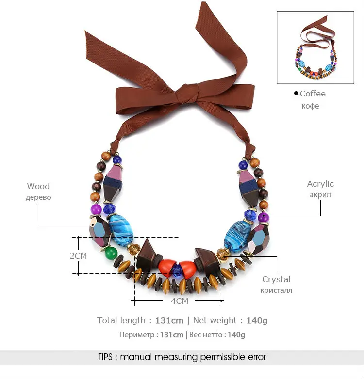Colorful bead necklace multilayer rope necklaces for women wooden beaded resin adjustable handmade choker necklace eManco