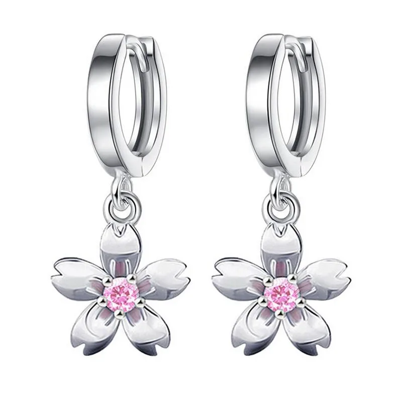 

Fashion Child Silver Color Pink Zircon Cute Flower Hoop Earrings Girl Women Beautiful Huggies Earring Jewelry Anti-Allergic E198