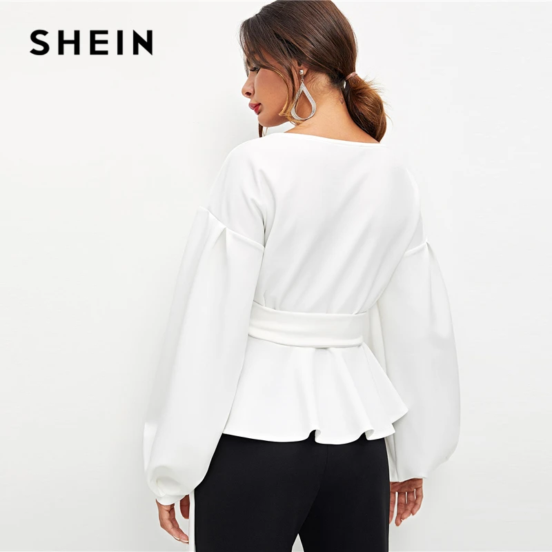 SHEIN белая офисная женская элегантная блузка с рукавом-фонариком и баской с открытыми плечами, Осенние сексуальные женские топы и блузки