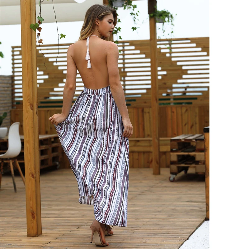 2018 Women Summer Dresses Sexy Deep V Neck Backless Spaghetti Strap Dress Bohemian Holiday Long Maxi Beach Vestidos Split |