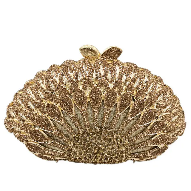 Gold Evening Bags Бутик De FGG элегантная Золотая павлина Женская вечерняя сумка-клатч со стразами сумочки-косметички свадебный ужин кошелек с ромбовидными кристаллами и ручками - Цвет: Gold Evening Bags
