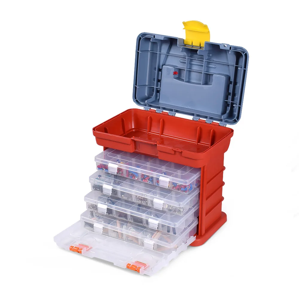 Red Tool Box NEWACALOX чехол для инструментов, 4 слоя, рыболовные снасти, портативный ящик для инструментов, винт, оборудование, пластиковый ящик для хранения с фиксирующей ручкой - Цвет: Red Tool Box