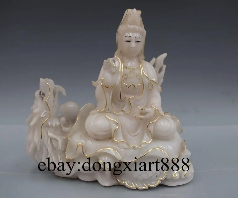 13&quot Chinese White Stone Jade Painted Dragon Kwan-yin Bodhisattva Guanyin Statue | Дом и сад