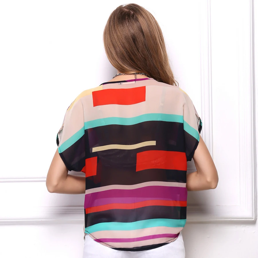 Для женщин летом с коротким рукавом рубашки большой цвет полосатые Радуга