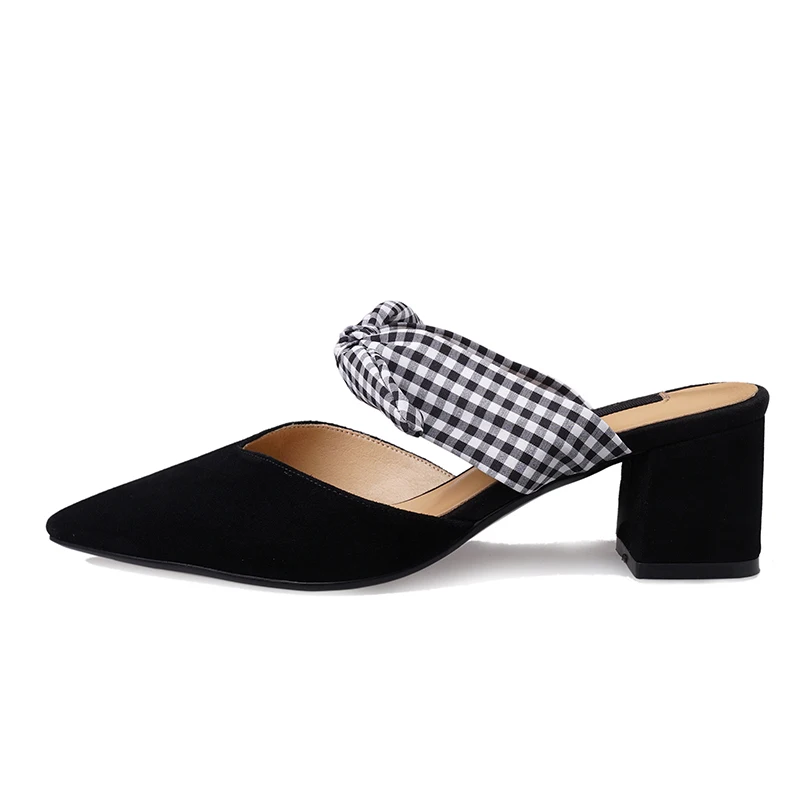 ISNOM Plaid Kid Suede Slippers Woman Pointed Toe Butterfly Knot Footwear High Heels Slides Shoes Female Mules Women Summer | Обувь