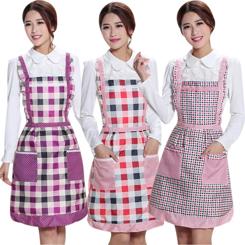 Dropshipping Women Apron with Pockets Waterproof Plaid Print Kitchen Double Layer Thick Cloth Home Supplies MDP66