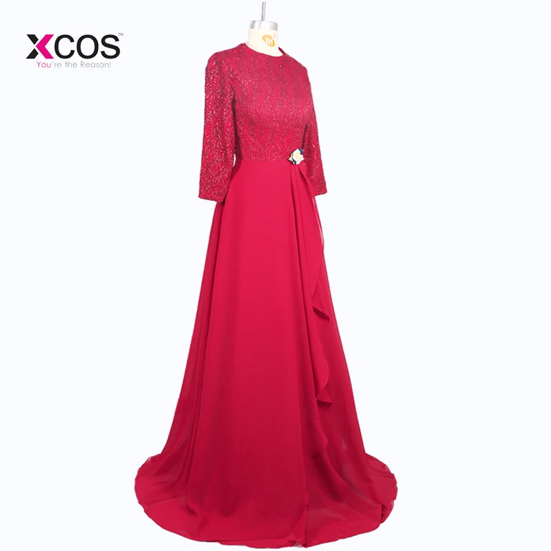 Мусульманские Вечерние платья 2018 трапециевидной формы длинные рукава красное