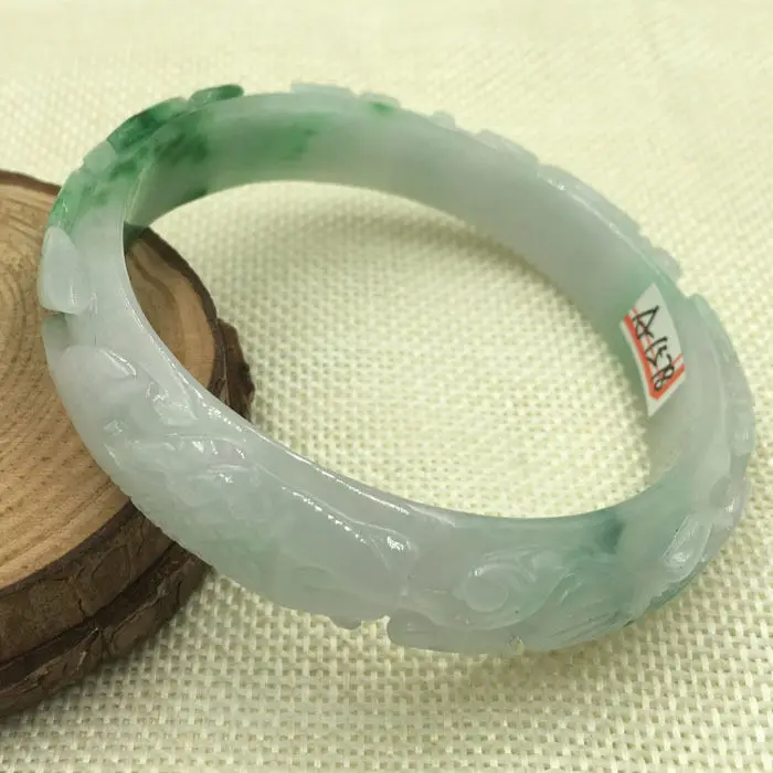 A-1578 Китайский Ручной резьбой Белый Зеленый Жадеит Нефрита Самоцветы Браслет 62 мм