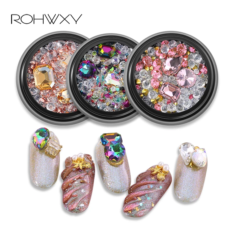 ROHWXY, смешанный набор, Стразы для ногтей, аксессуары для ногтей, стразы, дизайн ногтей, 3D, для ногтей, амулеты, акриловые Стразы для ногтей, драгоценные камни, украшение