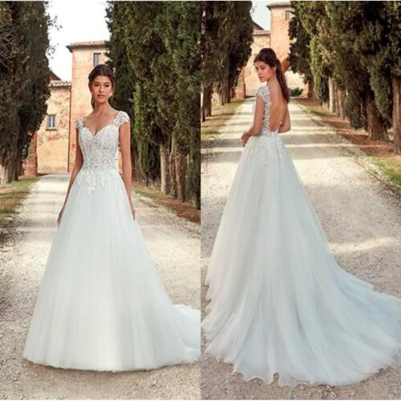 

New Custom Size Wedding Dresses Sexy Low Back Cap Sleeves Appliqued Long Tulle Bridal Country Garden Wedding Gowns