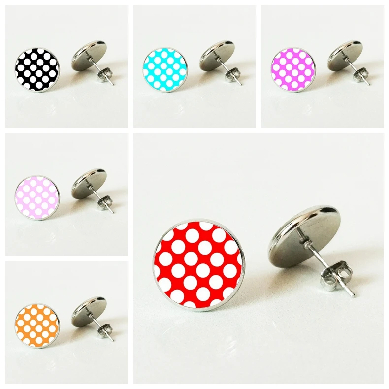 

7 color wave point round glass cabochon Stud earring jewelry fashion earrings women's gift