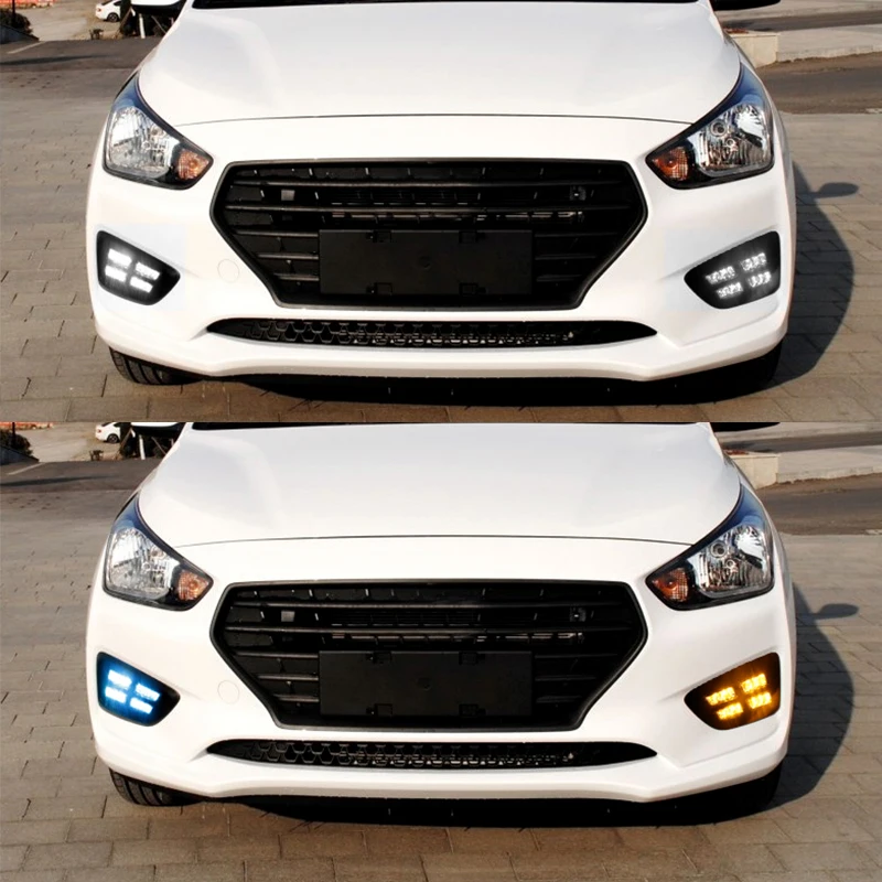 Hlxg СИД drl дневного света для hyundai Verna 2017 2018 с желтыми поворотники + диммер и синий