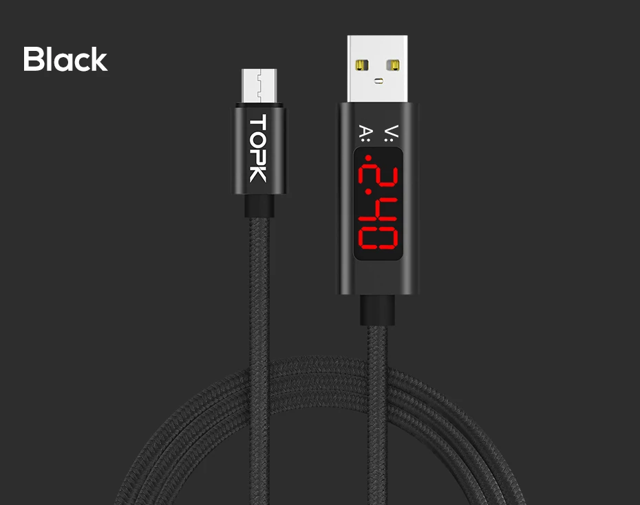 TOPK 1 м Micro USB кабель для зарядки данных светодиодный цифровой дисплей напряжения и тока нейлоновый Плетеный USB кабель зарядное устройство для samsung Xiaomi