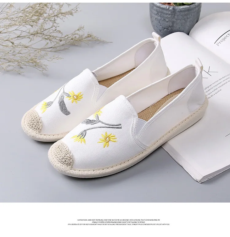 summer women's flat shoes breathable graffiti canvas linen women espadrilles non-slip casual white sneakers ballet flats