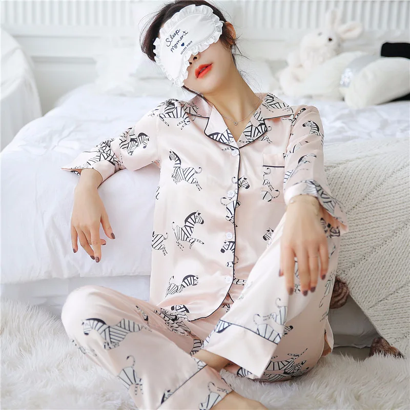 Пижама Smmoloa Женская шелковая с длинным рукавом и принтом|2 piece sleepwear|silk pajamaspajamas