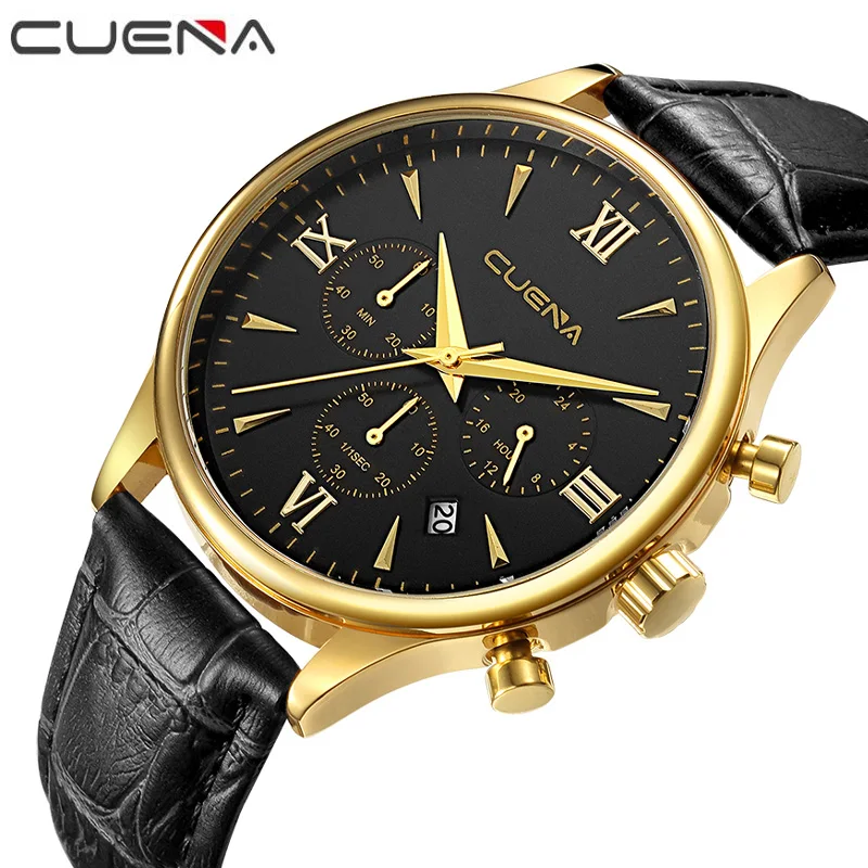 CUENA бренд для мужчин кварцевые часы мужской моды хронограф кожа Relojes Relogio Masculino
