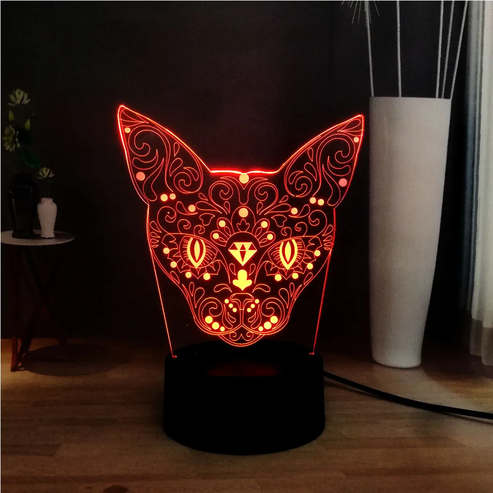 Новая 3D голова котенка олень Иллюзия акриловая Светодиодная панель 7 цветов