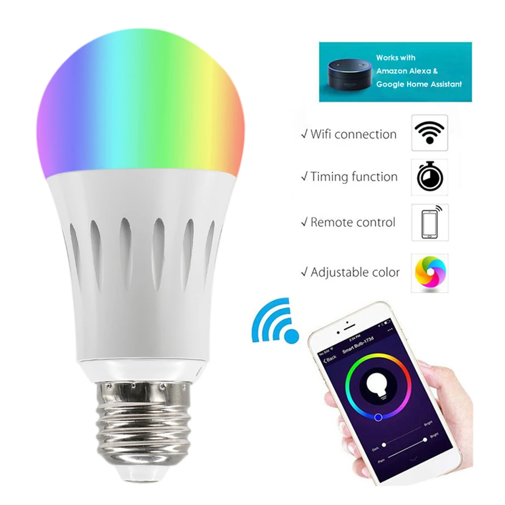 

Светодиодная лампочка RGB 9 Вт с регулируемой яркостью, умная WIFI Светодиодная лампа, многоцветная, с пультом дистанционного управления для те...