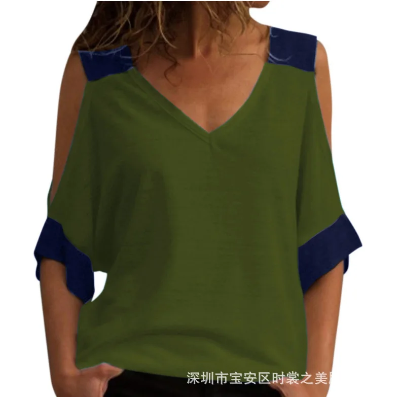 Женская Лоскутная футболка с открытыми плечами летняя v образным вырезом Blusas