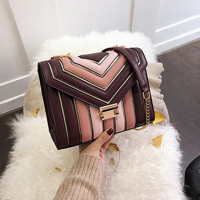 pink BENVICHED женская сумка из искусственной кожи Новая Летняя женская модная сумка с цепочкой в полоску, цветная сумка на одно плечо c475 - Цвет: pink