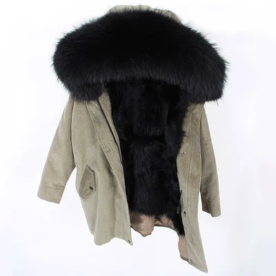 OFTBUY, зимняя женская куртка, большое пальто из натурального меха, парка, воротник из меха енота, подкладка из лисьего меха, вельветовое, армейское Зеленое Длинное Пальто в винтажном стиле - Цвет: 1