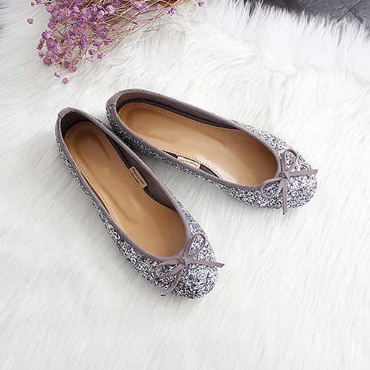 Silver Glitter Милый тканый цехин лук змея персик лакированная кожа конфеты Мягкие балетные плоские женщины балерина обувь сверкание галстук-бабочка свернуть складываемый красивая Мода весенняя осень последние европейская отправка - Цвет: Silver Glitter