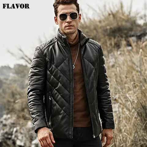 Kожаная куртка мужская FLAVOR, черная дутая куртка из натуральной овечьей кожи, теплый пуховик со съемным воротником стойка из овечьего меха, на зиму 2019
