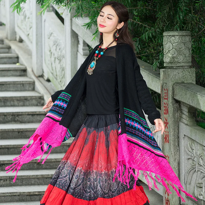 Женский вязаный кардиган в этническом стиле Осенний плащ пончо шаль с бахромой