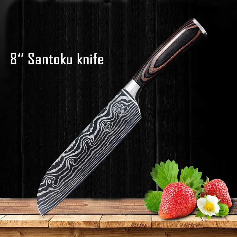 8 inch Santoku knife Набор кухонных ножей лезвия из нержавеющей стали Дамасские лазерные наборы шеф-ножей Santoku инструменты для приготовления пищи Кухонные - Цвет: 8 inch Santoku knife