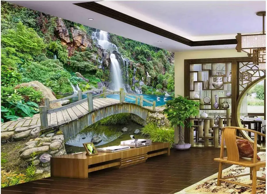 

Custom photo 3d wallpaper Non-woven mural Mountain spring stream waterfall landscape Bridges 3d wall murals wallpaper modern