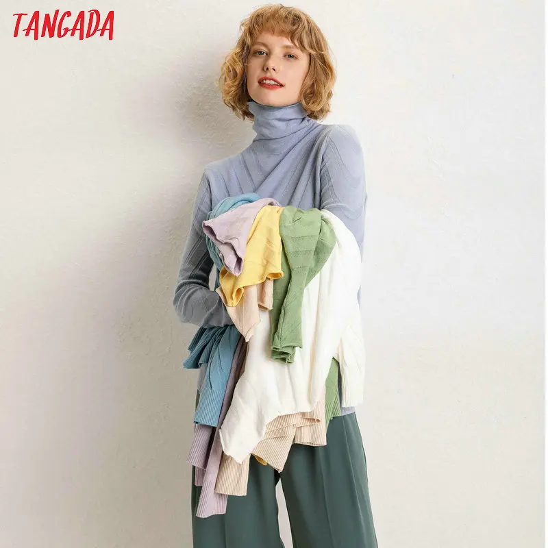 Tangada, высокое качество, водолазка, свитер для женщин,, осень, зима, Толстый Пуловер, однотонный, вязанный джемпер, свитер с воротником, AQJ06