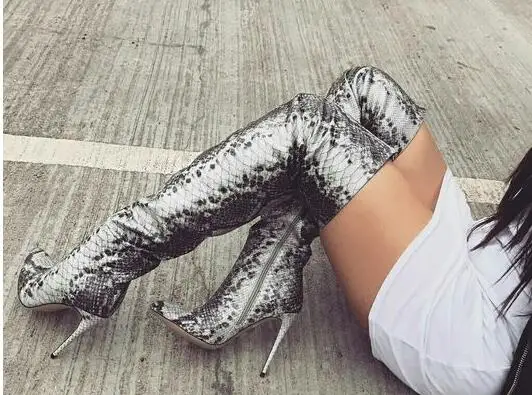 

Fashion Pointed Toe Snakeskin High Heel Boots 2019 Summer Sexy Knee High Boots Woman High Quality Leather Riding Boots