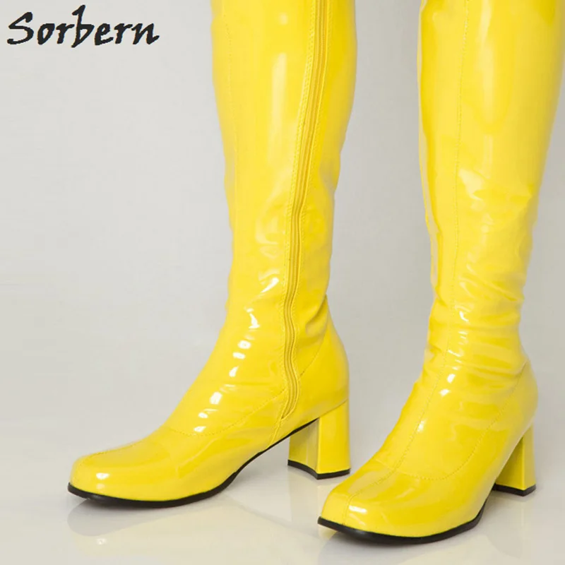 Yellow Shiny Sorbern Модные Сапоги выше колена Для женщин низкий не сужающийся к низу каблук Квадратные носки женские ботинки изготовленный на заказ расклешённые ногу обувь для девочек; ботинки унисекс; - Цвет: Yellow Shiny