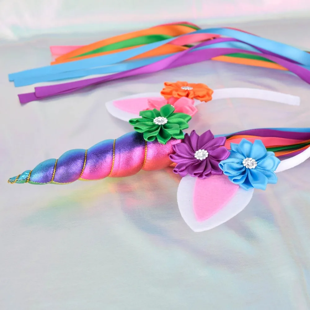 Rainbow Unicorn Headband Girls Toddler Flowers Birthday Party Headbands with Long Ribbon Kids Hair Accessories | Детская одежда и