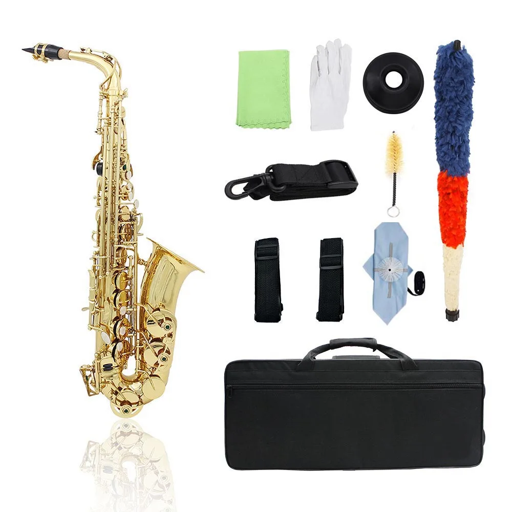 

Brass Eb Alto Saxophone Sax Lacquered Gold Woodwind Instrument with Carry Case Gloves Cleaning Cloth Brush Sax Strap