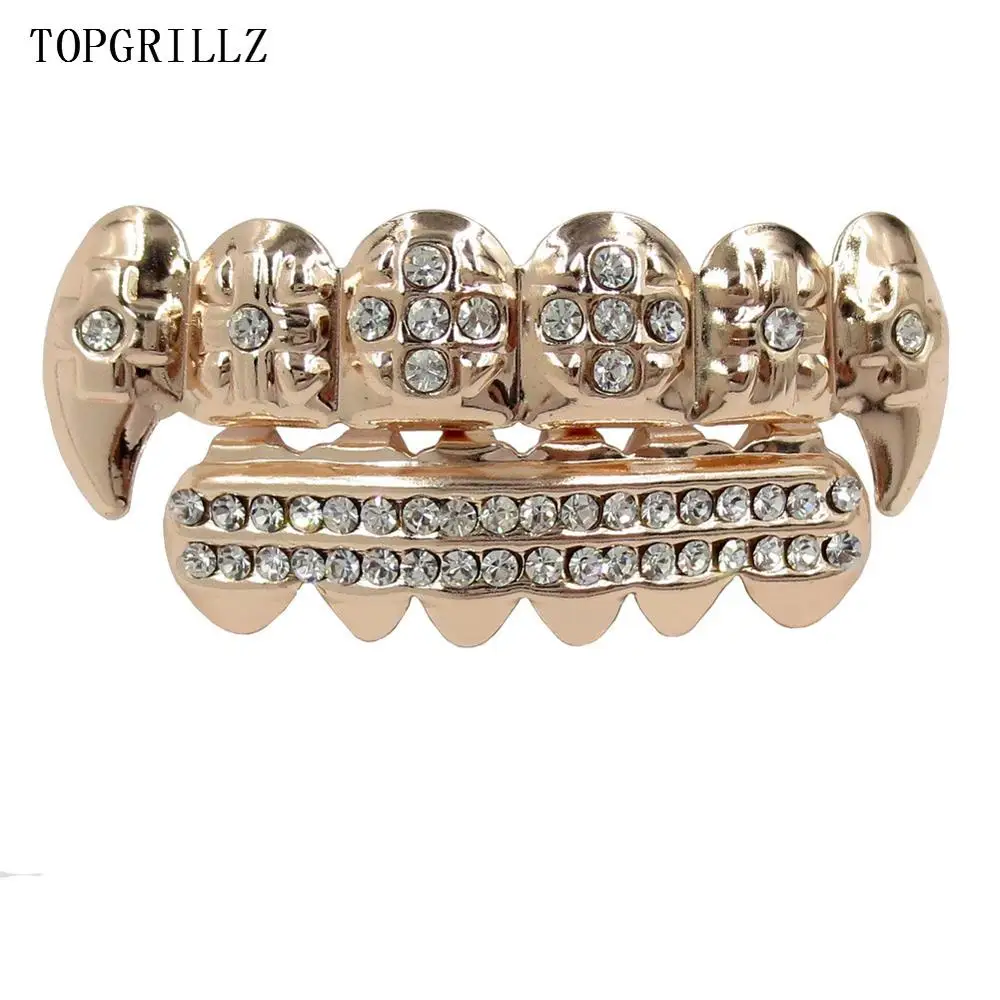 TOPGRILLZ Настоящее розовое золото цвет покрытием ICED OUT CZ зубы GRILLZ крест сверху и снизу зуб шапки Хип Хоп Bling Золотые грили - Окраска металла: Rose Set