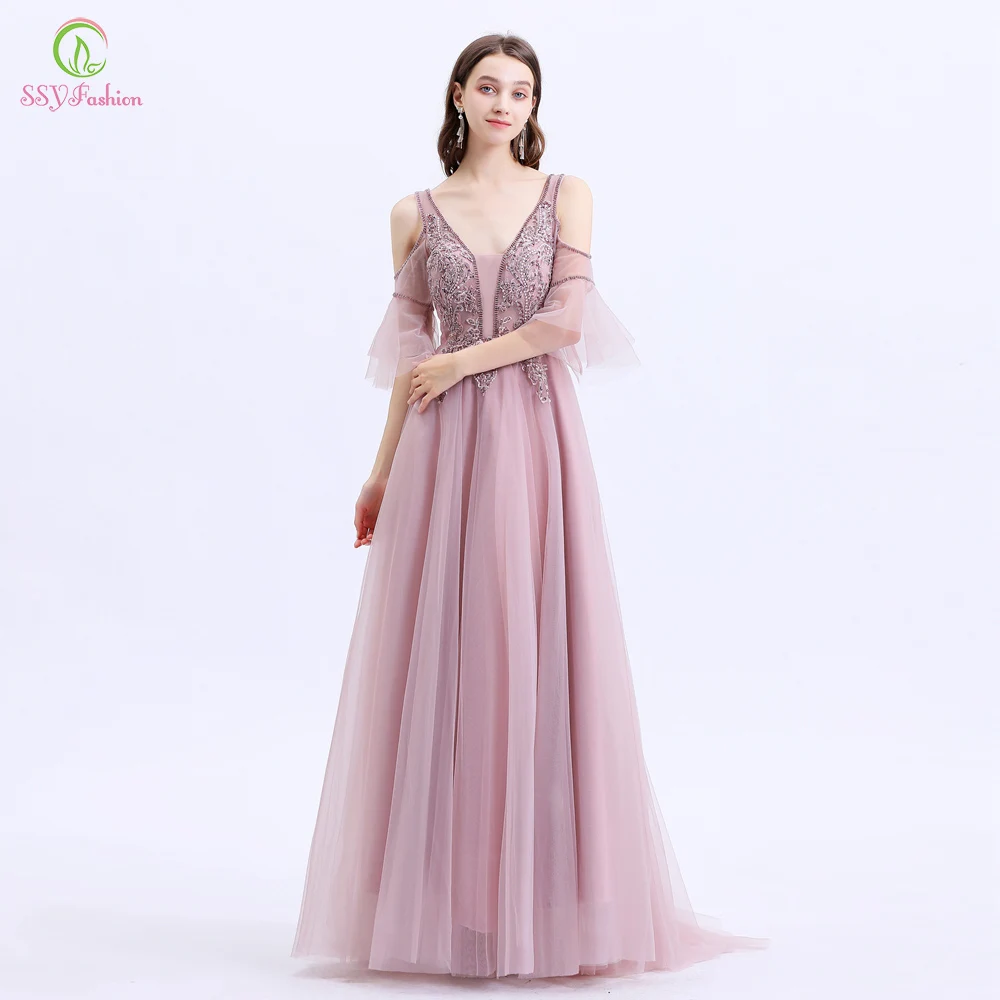 Женское вечернее платье SSYFashion элегантное банкетное розовое с кружевной