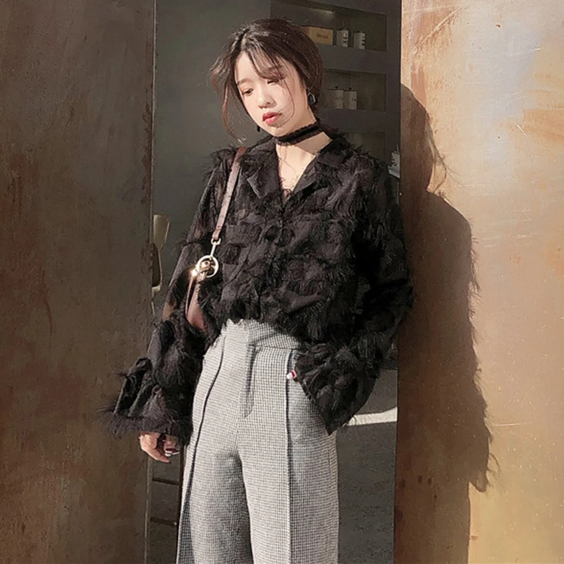 Весенние женские рубашки новинка 2019 модные топы с рукавами перьями элегантная