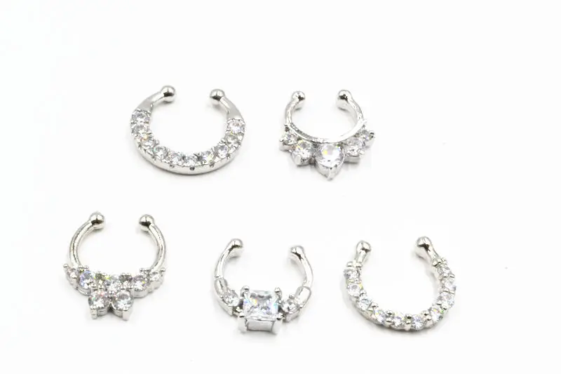 

50pcs Punk Clip On Fake Nose Hoop Rings Shince CZ Gems Nose Seamless Ring No Hole Non Piercing Body Jewelry Free shipment