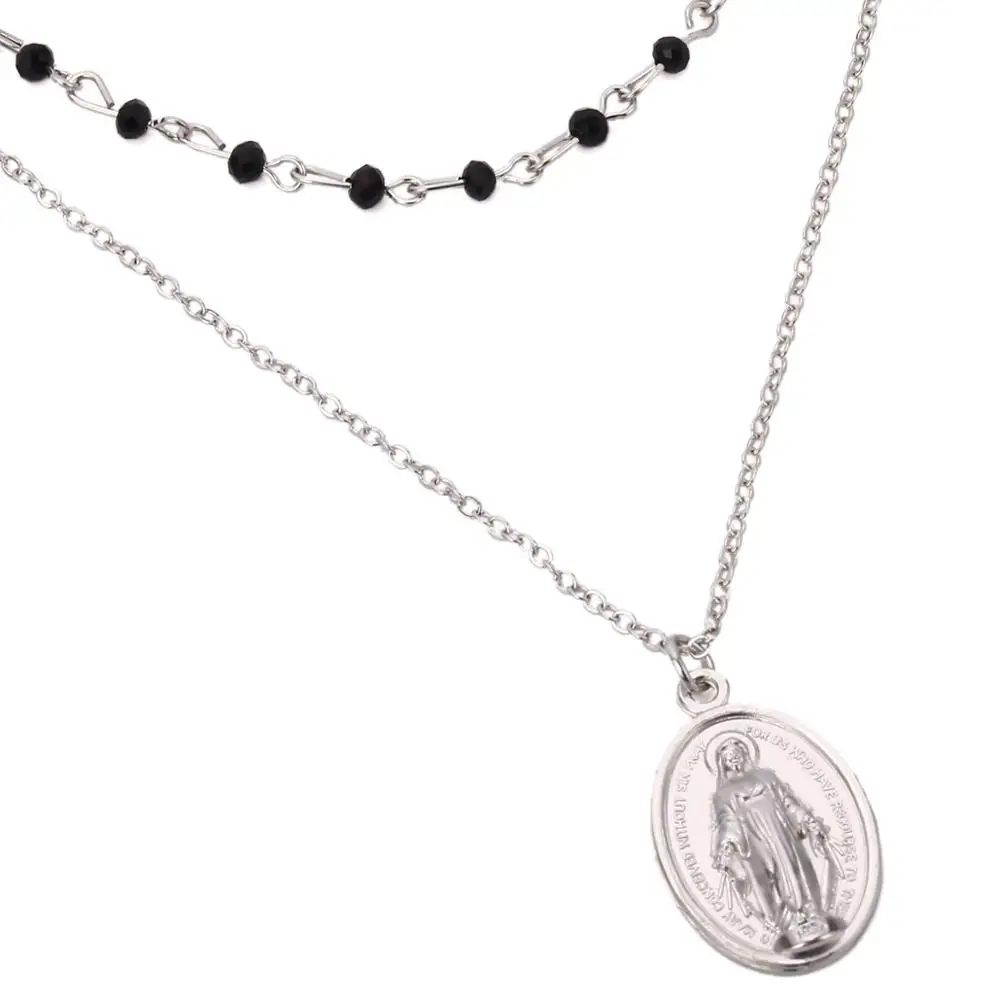 Silver Color Новое поступление, богемные модные многослойные украшения, четки, черные бусы, колье, 2 слоя, христианское ожерелье с кулоном для женщин - Окраска металла: Silver Color