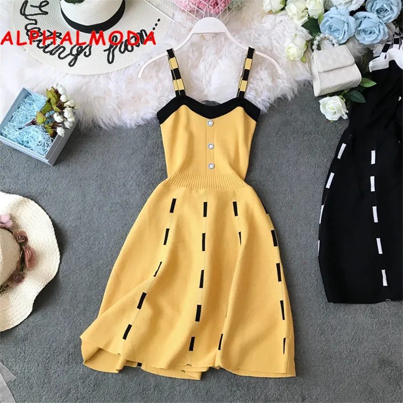 ALPHALMODA вязаное платье на подтяжках однобортное с высокой талией приталенное ТРАПЕЦИЕВИДНОЕ шикарное короткое летнее вязаное платье Сарафан для женщин