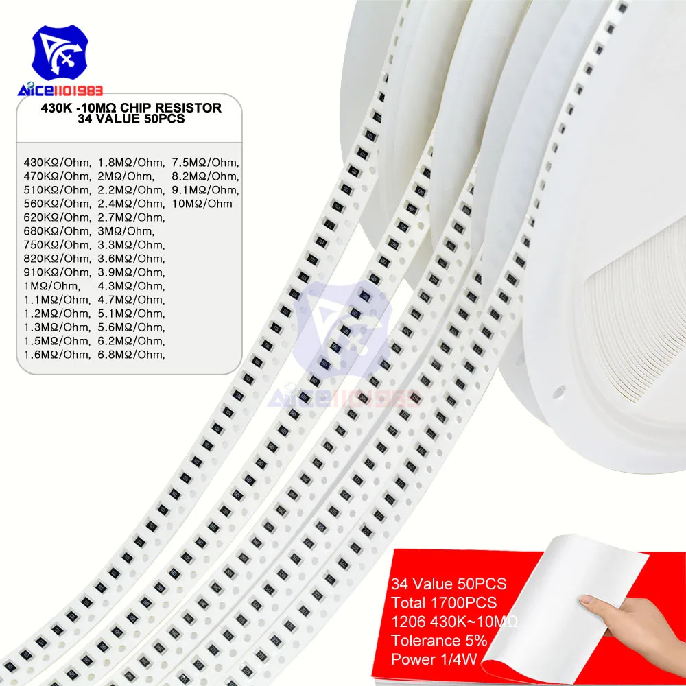 1700 шт./лот 34 значения 50 шт. 1206 Чип SMD резистор 0R 10 МОм/Ом 5% 1/4 Вт 0 25 Сопротивление