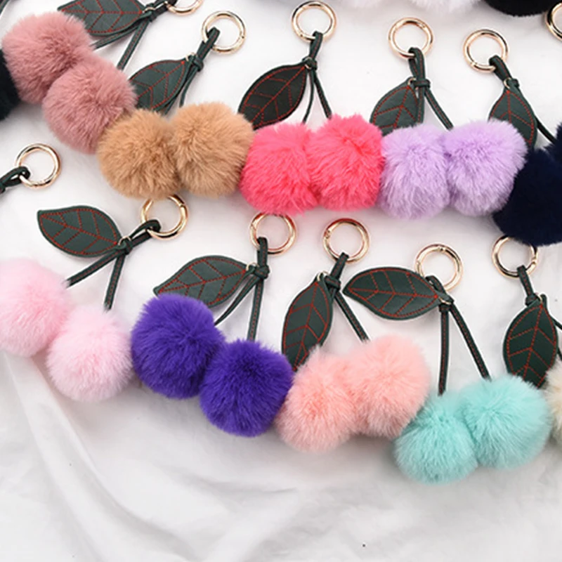 

1PC Cherry Faux Fur Key Chain Plush Ball Cute Pendant PomPom Keyring Jewelry Women Handbag Car Accessories Keychain