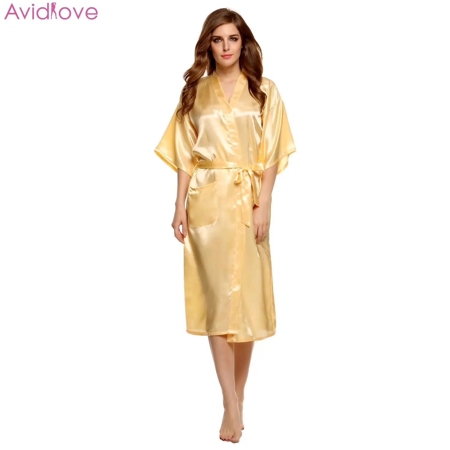 dark yellow Avidlove Женский Большой размер сексуальный атласный ночной халат кружевной халат идеально подходит для свадьбы, невесты, подружки невесты пеньюары домашний халат для женщин - Цвет: dark yellow