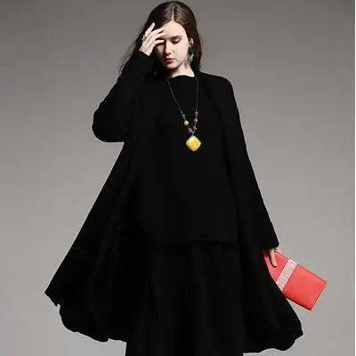 black coat Женский красный/белый/черный костюм, королевская юбка+ свободный шерстяной Тренч+ вязаный свитер, топ, 3 предмета, элегантный женский костюм, женский M-XXL - Цвет: black coat