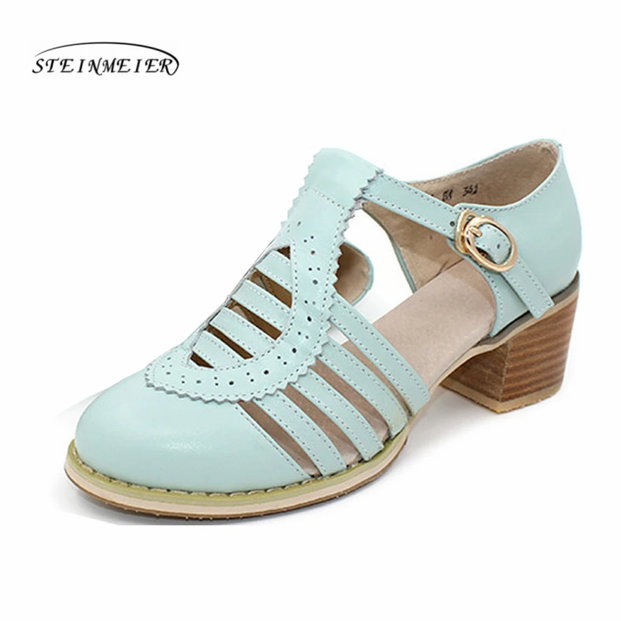 

Genuine cow leather sandals casual lady shoes vintage handmade oxford shoes for women sandals shoes white blue 2020 summer