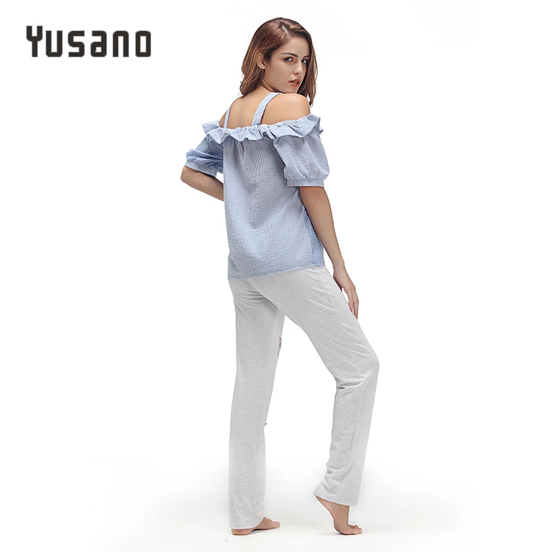 Yusano 2017 Pajamas Women Embroidery Camisole Short Sleeve Ruffle Sleepwear Girl Blue Pink Stripe Homewear Cotton Top+Long Pants | Женская