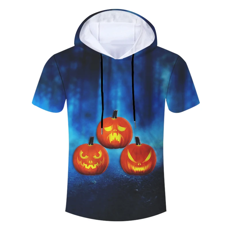 CJLM New 3D Printed Funny Flame Pumpkin Men's Hooded Tshirt Halloween Theme Clothing Wholesale Personality Man T-shirt | Мужская